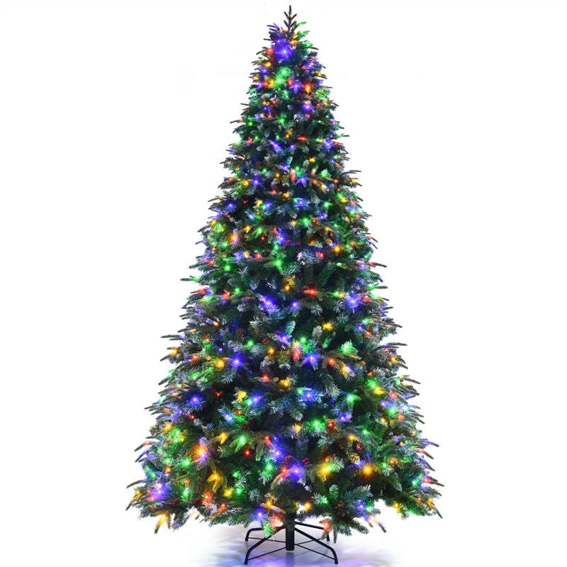 9FT Pre-Lit Snowy Pine Christmas Tree, Hinged Xmas Tree with 780 Multicolor LED Lights, 11 Flash Modes, 2599 Branch Tips, Pine Cones & Red Berries