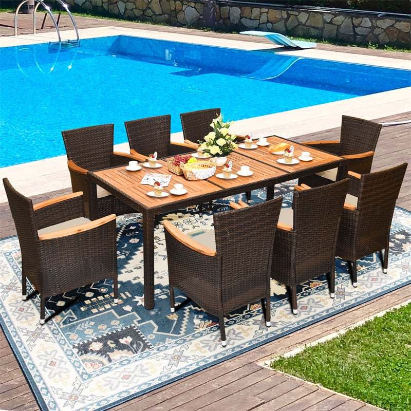 9-Piece Outdoor Patio Dining Set with Acacia Wood Top Table, 8 Stackable Cushioned Rattan Chairs, Steel Frame for Poolside, Backyard