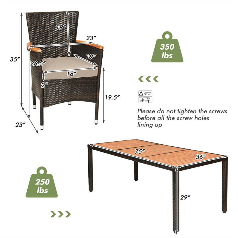 9-Piece Outdoor Patio Dining Set with Acacia Wood Top Table, 8 Stackable Cushioned Rattan Chairs, Steel Frame for Poolside, Backyard