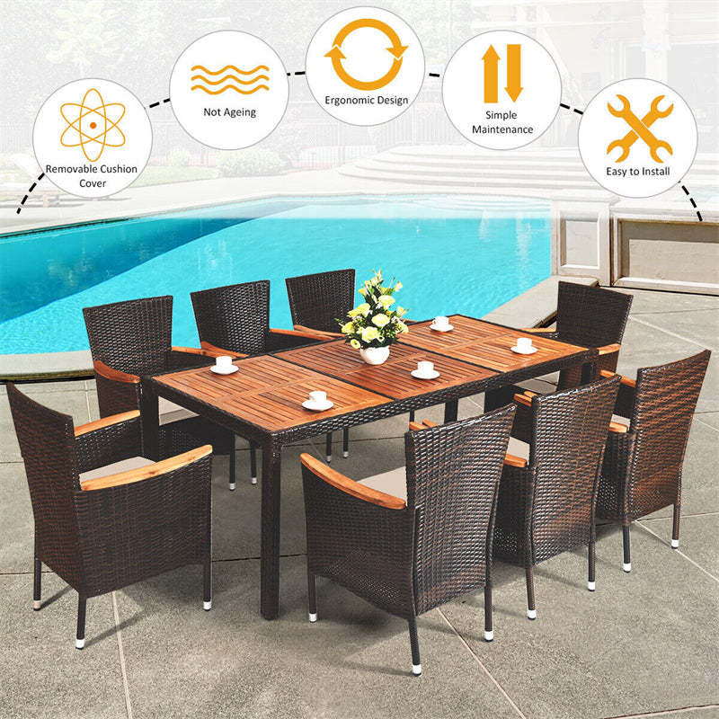 9-Piece Outdoor Patio Dining Set with Acacia Wood Top Table, 8 Stackable Cushioned Rattan Chairs, Steel Frame for Poolside, Backyard