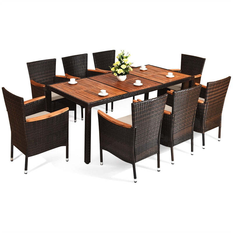 9-Piece Outdoor Patio Dining Set with Acacia Wood Top Table, 8 Stackable Cushioned Rattan Chairs, Steel Frame for Poolside, Backyard