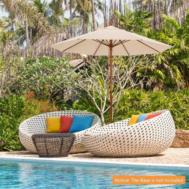 9.5FT Wood Patio Umbrella with Rope Pulley Lift, 8 Fiberglass Ribs & 3 Adjustable Heights, Vented Outdoor Umbrella for Garden Poolside Backyard