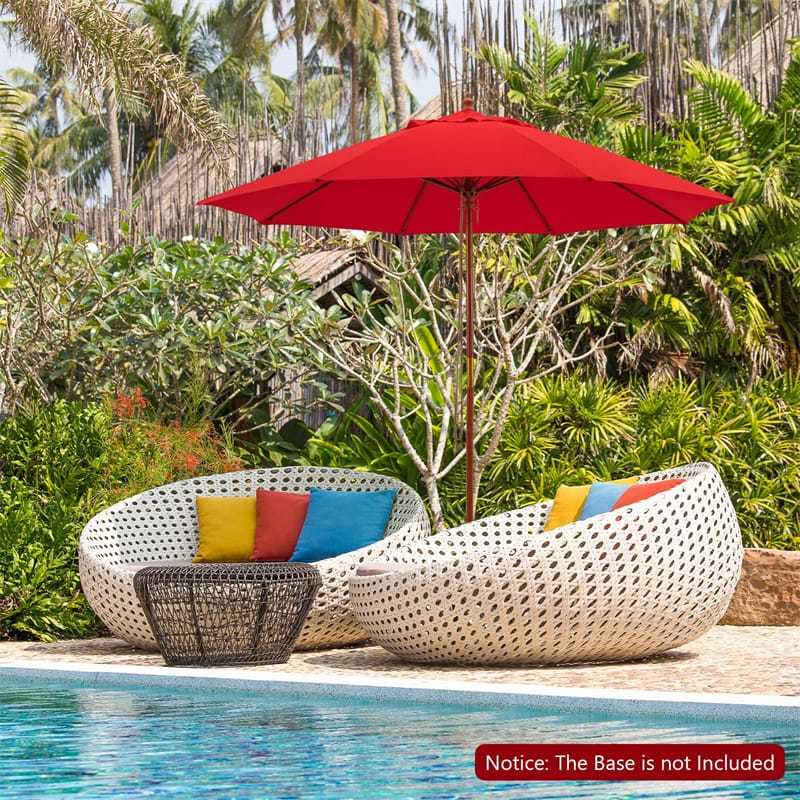9.5FT Wood Patio Umbrella with Rope Pulley Lift, 8 Fiberglass Ribs & 3 Adjustable Heights, Vented Outdoor Umbrella for Garden Poolside Backyard