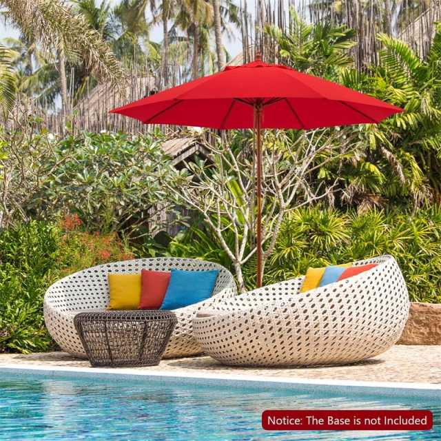 9.5FT Wood Patio Umbrella with Rope Pulley Lift, 8 Fiberglass Ribs & 3 Adjustable Heights, Vented Outdoor Umbrella for Garden Poolside Backyard