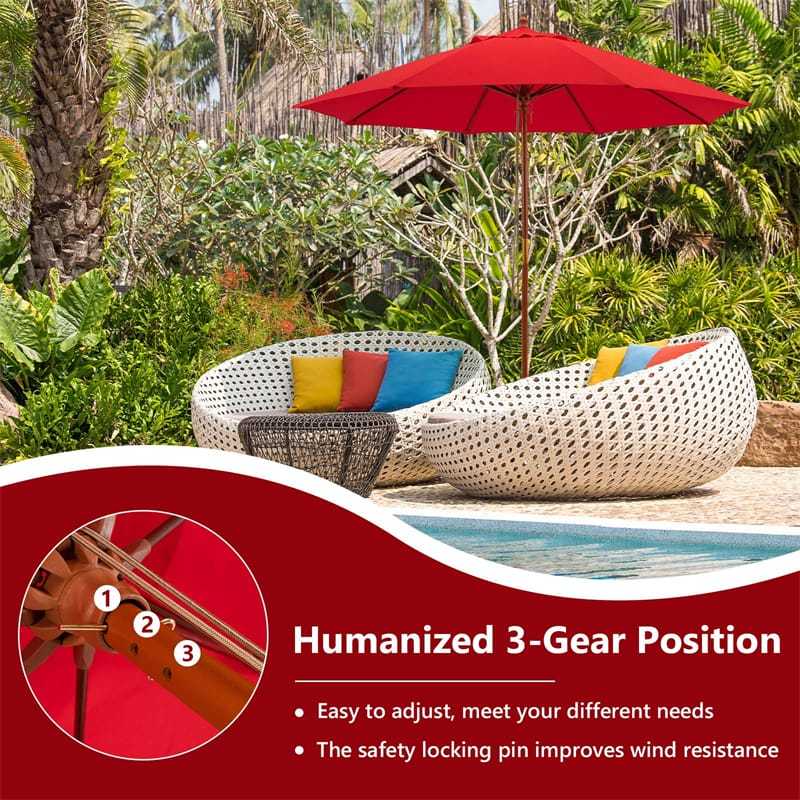 9.5FT Wood Patio Umbrella with Rope Pulley Lift, 8 Fiberglass Ribs & 3 Adjustable Heights, Vented Outdoor Umbrella for Garden Poolside Backyard