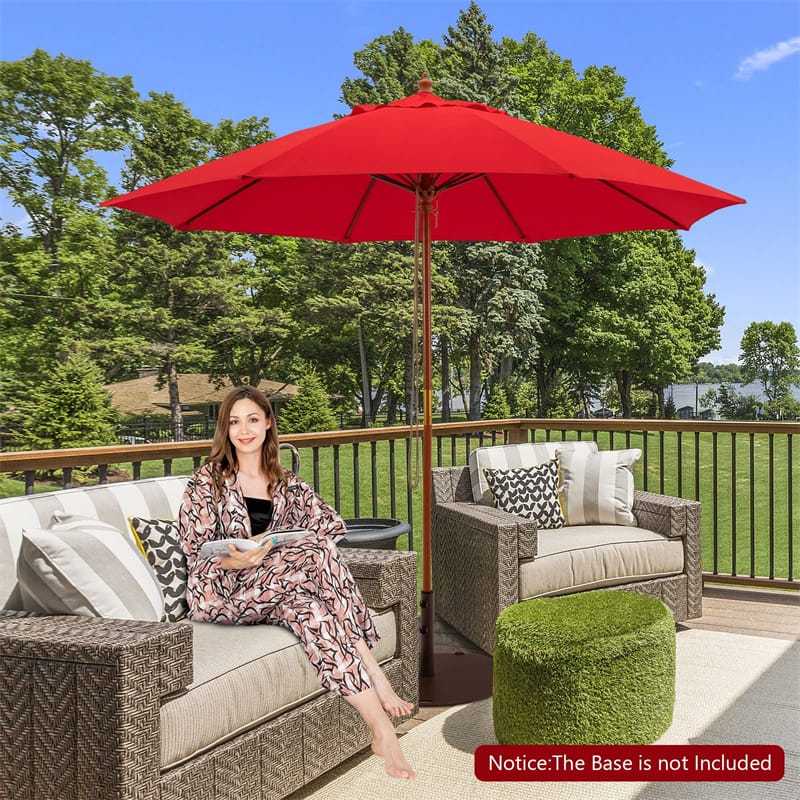 9.5FT Wood Patio Umbrella with Rope Pulley Lift, 8 Fiberglass Ribs & 3 Adjustable Heights, Vented Outdoor Umbrella for Garden Poolside Backyard