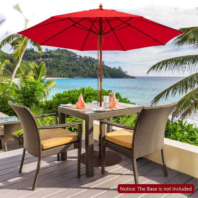 9.5FT Wood Patio Umbrella with Rope Pulley Lift, 8 Fiberglass Ribs & 3 Adjustable Heights, Vented Outdoor Umbrella for Garden Poolside Backyard