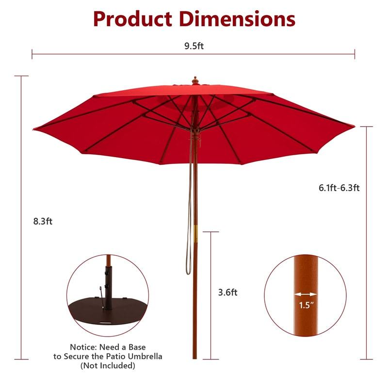 9.5FT Wood Patio Umbrella with Rope Pulley Lift, 8 Fiberglass Ribs & 3 Adjustable Heights, Vented Outdoor Umbrella for Garden Poolside Backyard