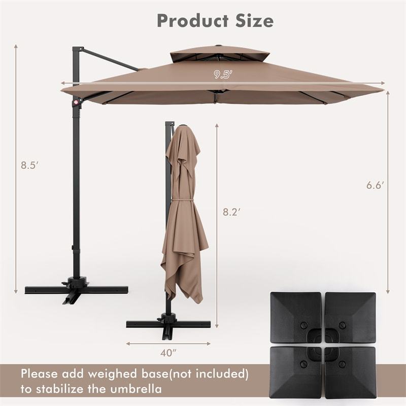 9.5FT Double Top Cantilever Umbrella, Heavy Duty Offset Hanging Patio Umbrella Square Outdoor Umbrella with 360° Rotation & Cross Base