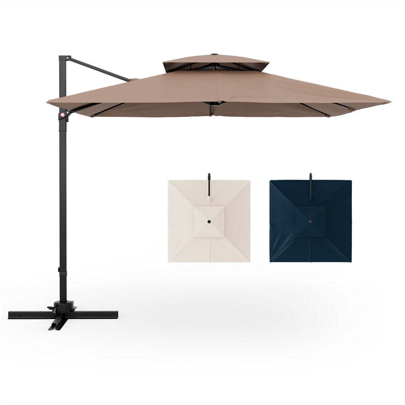 9.5FT Double Top Cantilever Umbrella, Heavy Duty Offset Hanging Patio Umbrella Square Outdoor Umbrella with 360° Rotation & Cross Base