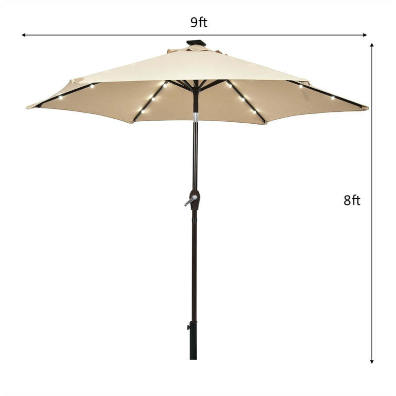 9FT Solar LED Patio Umbrella Tilt Market Umbrella with 18 Lights & Tilt Adjustment Crank, Outdoor Table Umbrella for Garden Yard Balcony