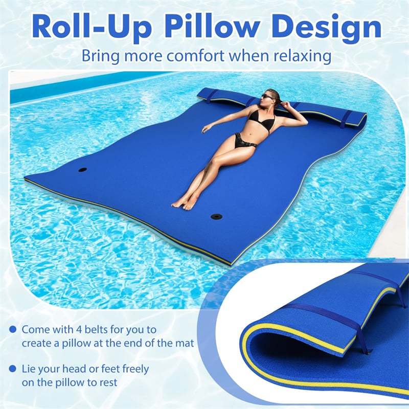 9' x 6' Floating Water Pad, 3 Layer Tear-Resistant XPE Floating Foam Mat with Rolling Pillow, Lily Pad for Lake Pool Beach Water Recreation