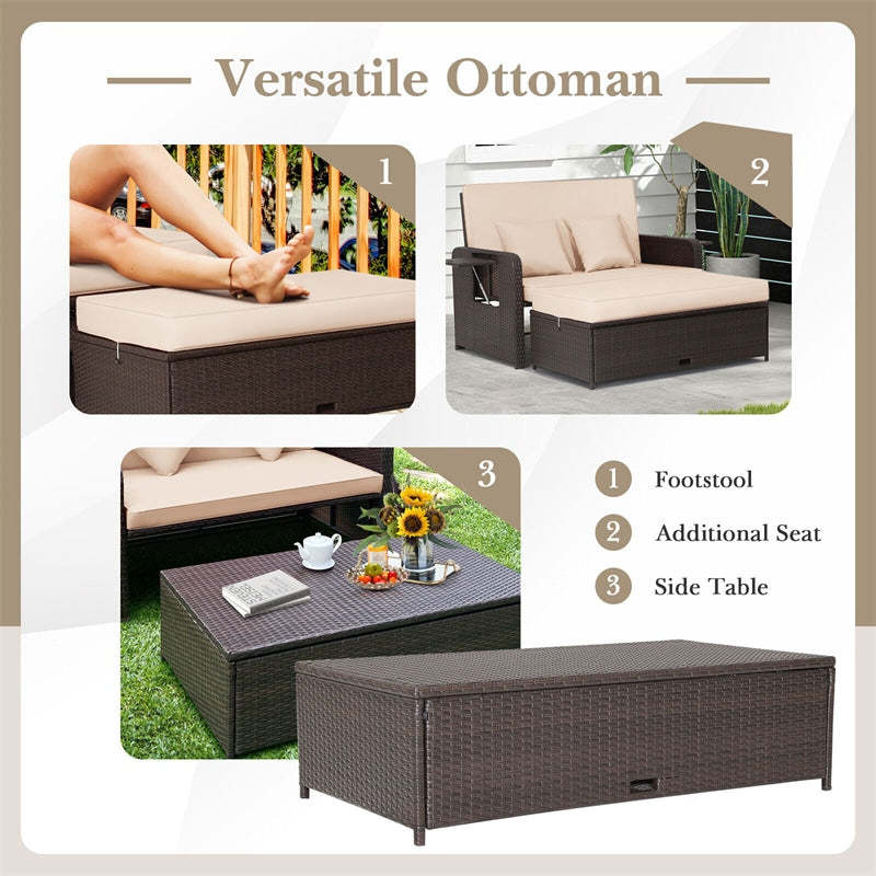Patio Rattan Daybed Set, Outdoor Wicker Loveseat Sofa w/Multipurpose Ottoman, Retractable Side Tray, 4-Level Adjustable Backrest & Cushions