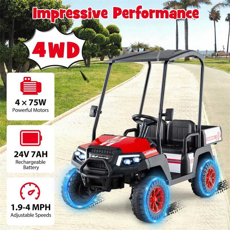 24V Kids Golf Cart, 4WD 2-Seater Electric Ride-On Car with Sun Shade, Storage Trunk, Remote Control & LED Lights for Boys & Girls Ages 3+
