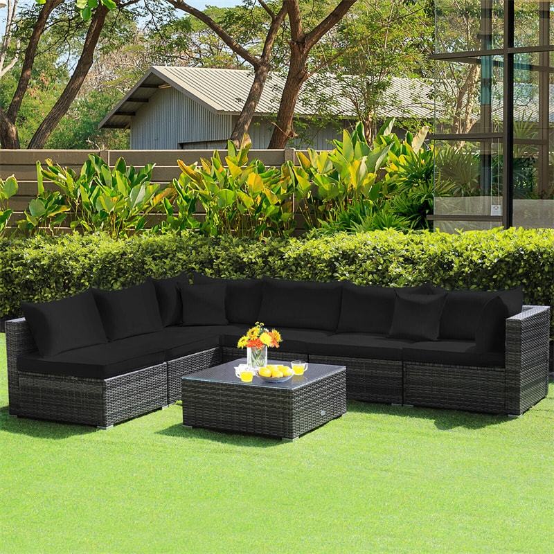 7PCS PE Rattan Modular Outdoor Sectional Set with Tempered Glass Top Table & Cushions, Patio Sofa Furniture for Backyard, Poolside Garden