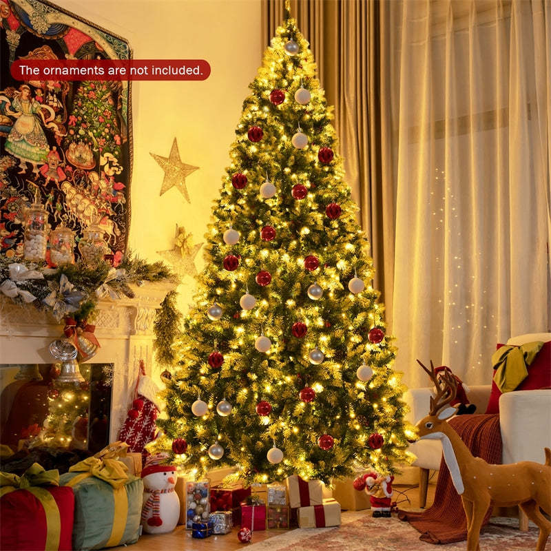9ft Pre-lit Snow Flocked Christmas Tree with 900 LED Lights, 8 Lighting Modes & Metal Stand, Holiday Festival Artificial Hinged Tree for Indoor Decor
