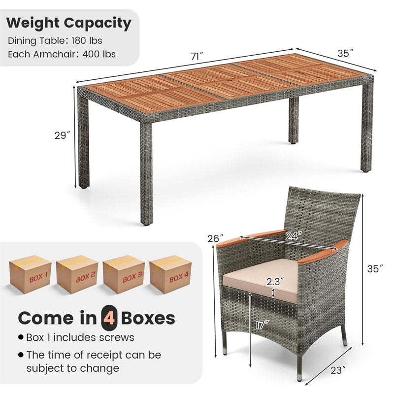 9 Piece Patio Rattan Dining Set with 8 Cushioned Armchairs, Acacia Wood Top Table & Umbrella Hole, Outdoor Dining Furniture for Poolside, Backyard