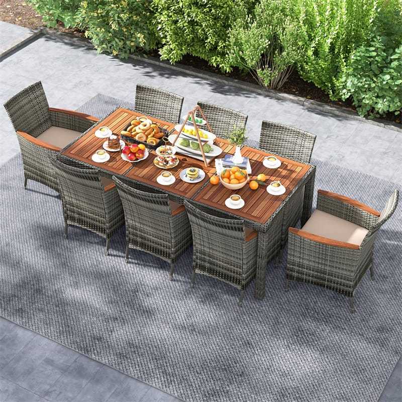 9 Piece Patio Rattan Dining Set with 8 Cushioned Armchairs, Acacia Wood Top Table & Umbrella Hole, Outdoor Dining Furniture for Poolside, Backyard