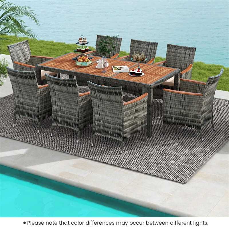 9 Piece Patio Rattan Dining Set with 8 Cushioned Armchairs, Acacia Wood Top Table & Umbrella Hole, Outdoor Dining Furniture for Poolside, Backyard