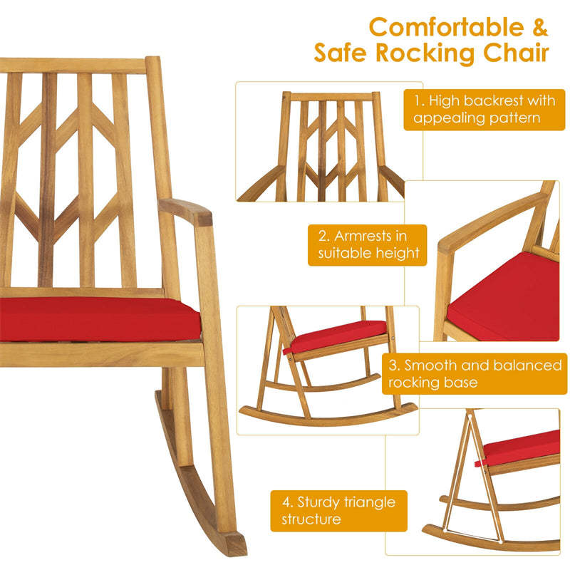 Outdoor Acacia Wood Rocking Chair with Removable Cushion & Armrest, Wood Patio Porch Rocker for Garden Backyard Poolside Deck