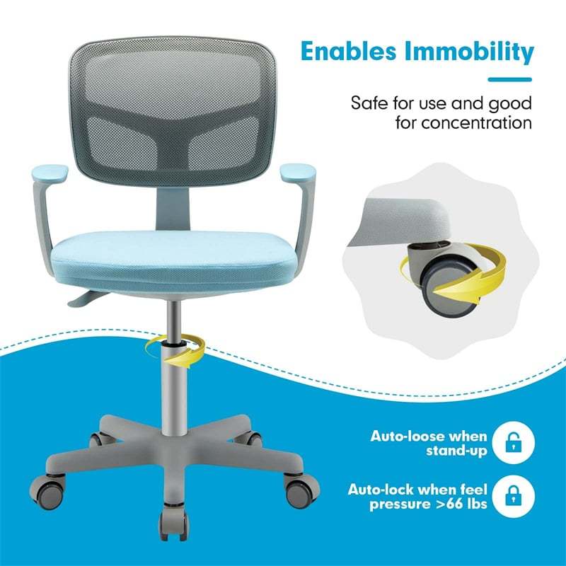 Kids Desk Chair, Adjustable Children Study Computer Chair with Wheels, Arms & Lumbar Support, Swivel Mesh Office Chair for Boys Girls Aged 4-13