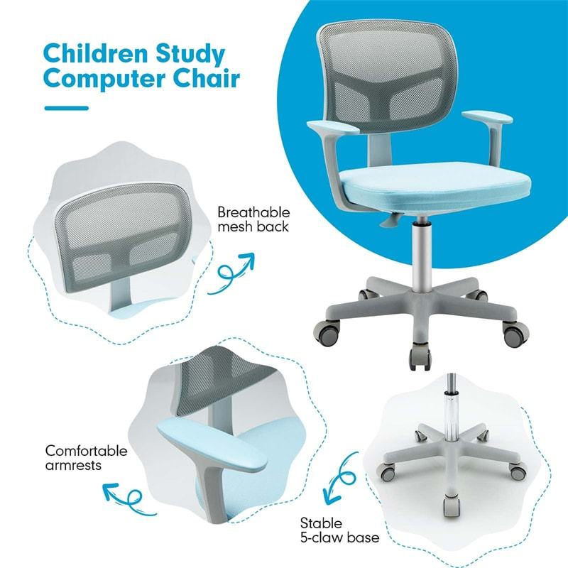 Kids Desk Chair, Adjustable Children Study Computer Chair with Wheels, Arms & Lumbar Support, Swivel Mesh Office Chair for Boys Girls Aged 4-13