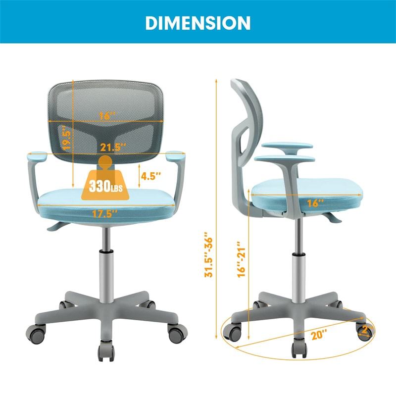Kids Desk Chair, Adjustable Children Study Computer Chair with Wheels, Arms & Lumbar Support, Swivel Mesh Office Chair for Boys Girls Aged 4-13