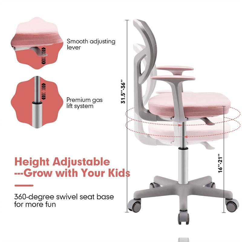 Kids Desk Chair, Adjustable Children Study Computer Chair with Wheels, Arms & Lumbar Support, Swivel Mesh Office Chair for Boys Girls Aged 4-13