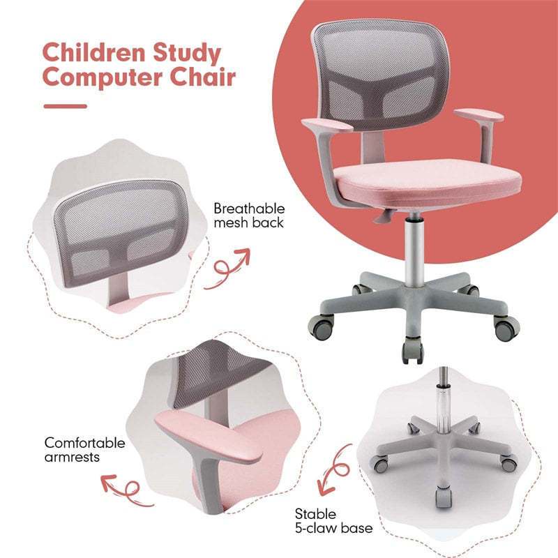 Kids Desk Chair, Adjustable Children Study Computer Chair with Wheels, Arms & Lumbar Support, Swivel Mesh Office Chair for Boys Girls Aged 4-13