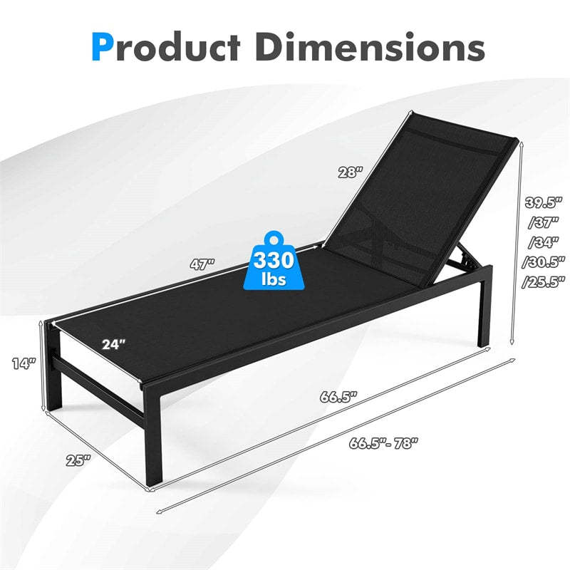 Aluminium Outdoor Chaise Lounge with 6-Position Adjustable Backrest,  Patio Lounge Chair Sun Lounger for Poolside, Backyard, Deck