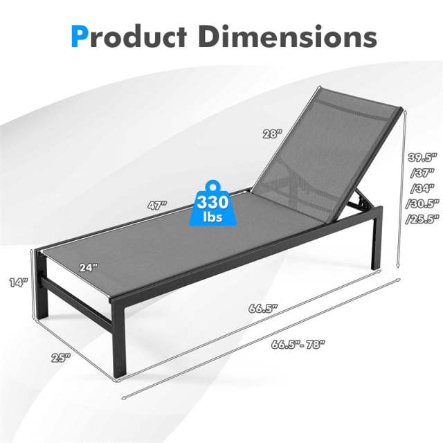 Aluminium Outdoor Chaise Lounge with 6-Position Adjustable Backrest,  Patio Lounge Chair Sun Lounger for Poolside, Backyard, Deck