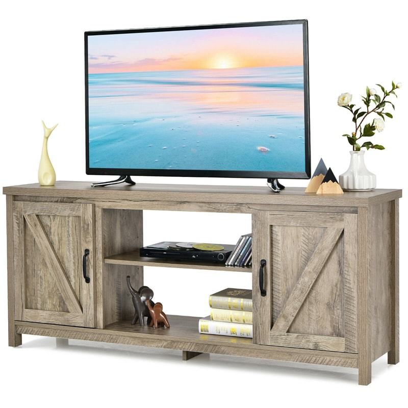 59" Fireplace TV Stand for TVs Up to 65", Farmhouse Wooden Media Console Table with Barn Doors, Storage Cabinet, Adjustable Shelves