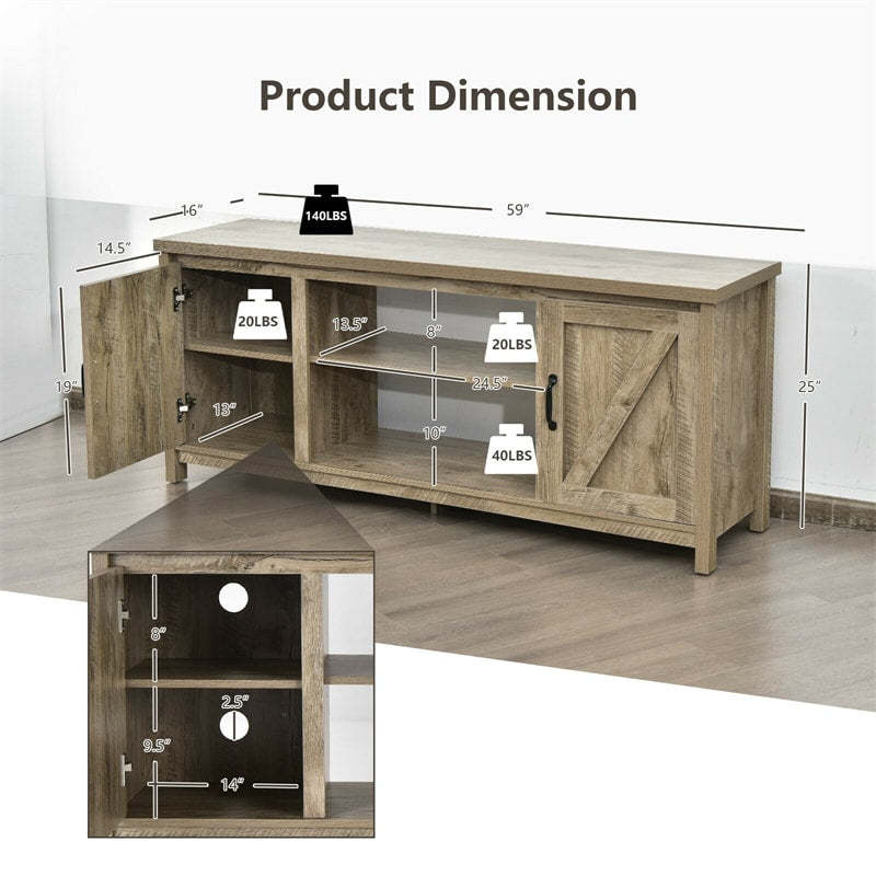 59" Fireplace TV Stand for TVs Up to 65", Farmhouse Wooden Media Console Table with Barn Doors, Storage Cabinet, Adjustable Shelves