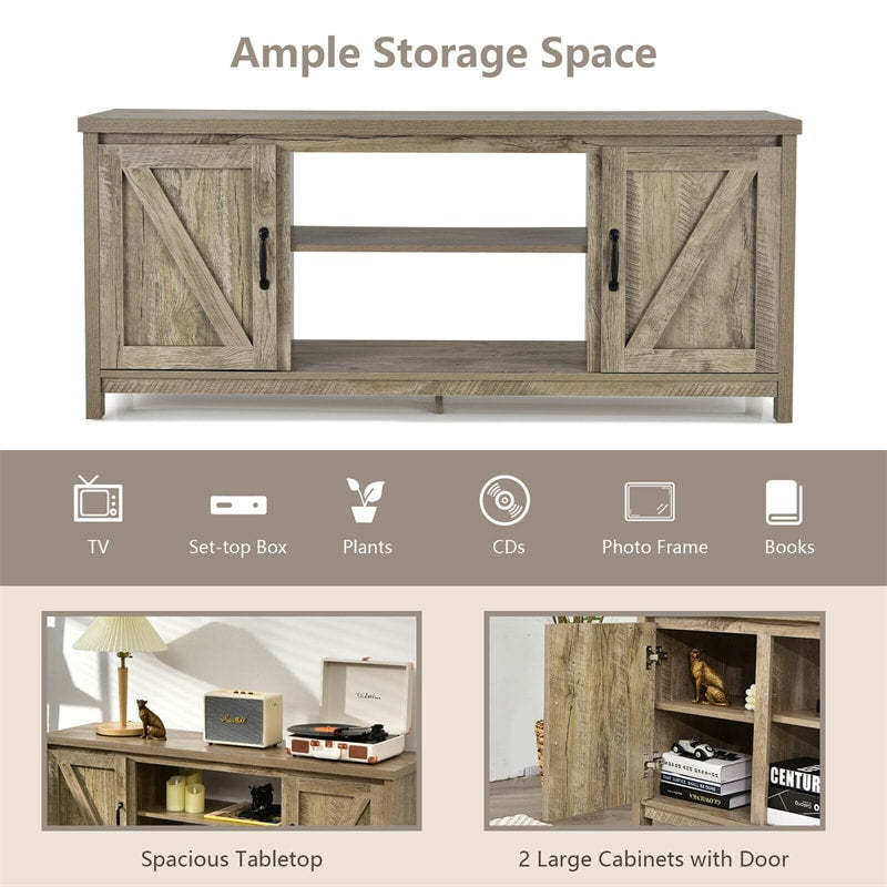 59" Fireplace TV Stand for TVs Up to 65", Farmhouse Wooden Media Console Table with Barn Doors, Storage Cabinet, Adjustable Shelves