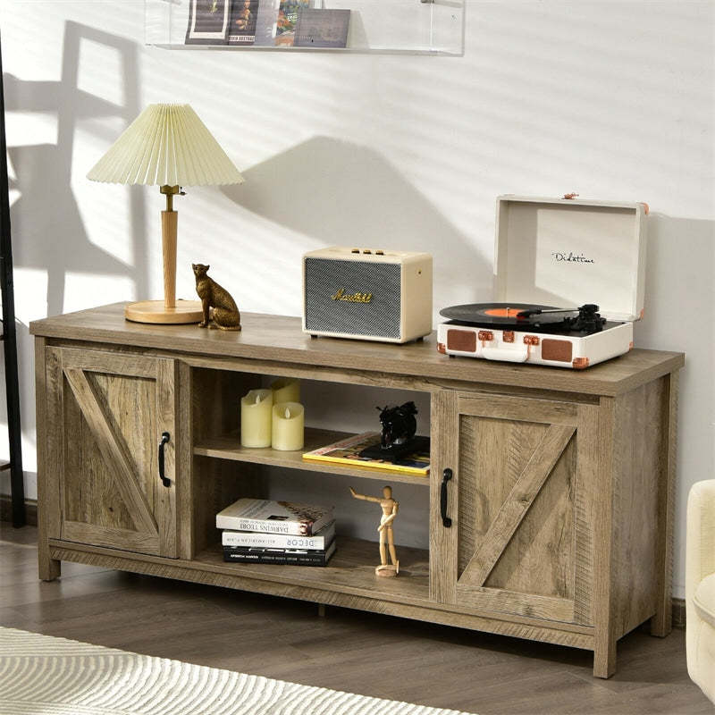 59" Fireplace TV Stand for TVs Up to 65", Farmhouse Wooden Media Console Table with Barn Doors, Storage Cabinet, Adjustable Shelves