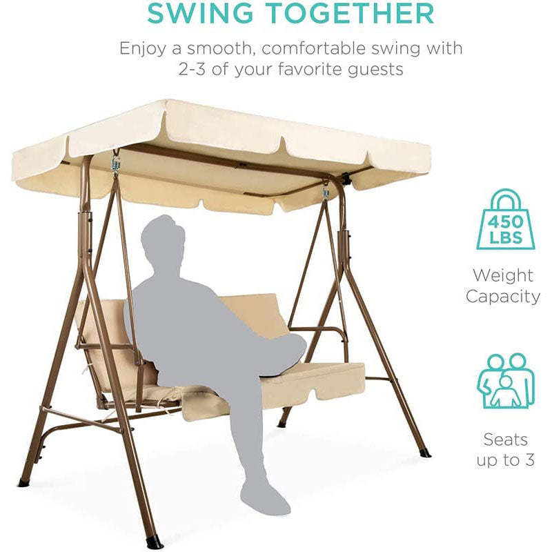 2 Person Patio Swing with Adjustable Canopy & Removable Cushions, Weather Resistant Outdoor Porch Swing for Backyard, Garden, Balcony