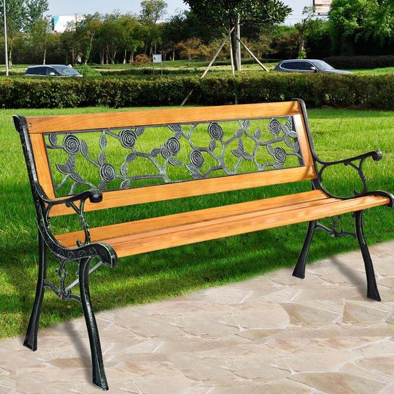 50" Outdoor Park Garden Bench Porch Path Chair Rose Cast Iron Hardwood Frame Porch Loveseat