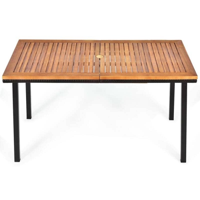 55" Acacia Wood Outdoor Dining Table Rectangle Patio Dining Table with Umbrella Hole & Acacia Wood Top