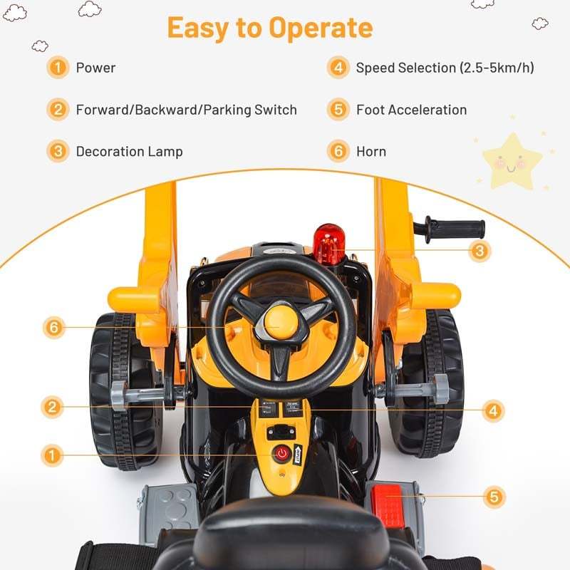 12V Kids Ride-On Excavator Truck, Battery-Powered Construction Vehicle with Front Loader Shovel, Ride-On Digger Toy for Boys Girls Ages 3-8