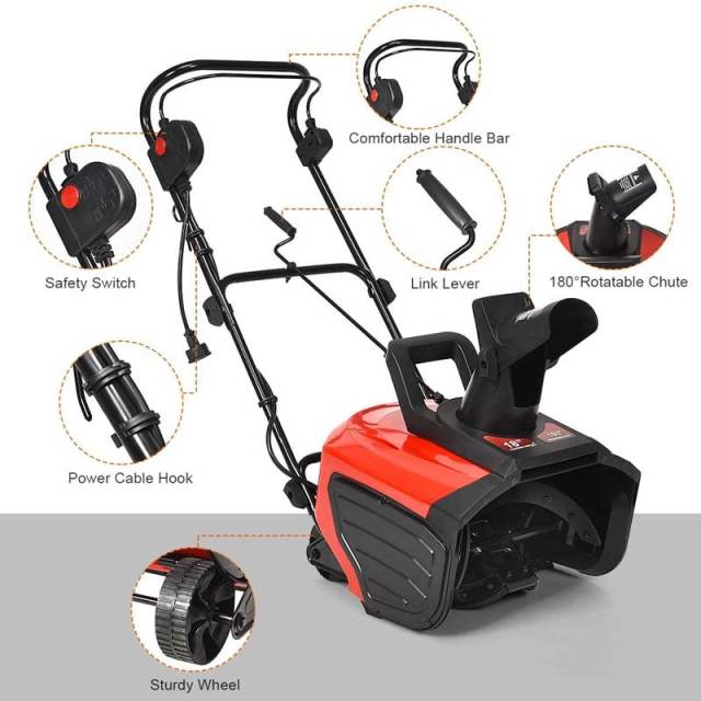 18 Inch Electric Snow Thrower 15 Amp Corded Snow Blower 720Lbs/Minute with 180° Chute Rotation & 2 Transport Wheels