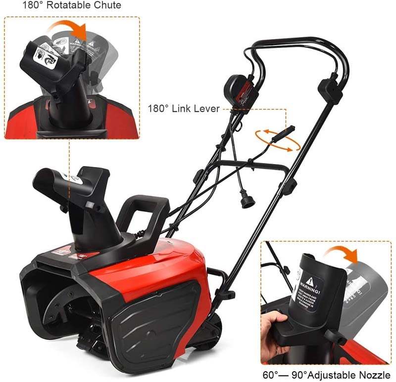 18 Inch Electric Snow Thrower 15 Amp Corded Snow Blower 720Lbs/Minute with 180° Chute Rotation & 2 Transport Wheels