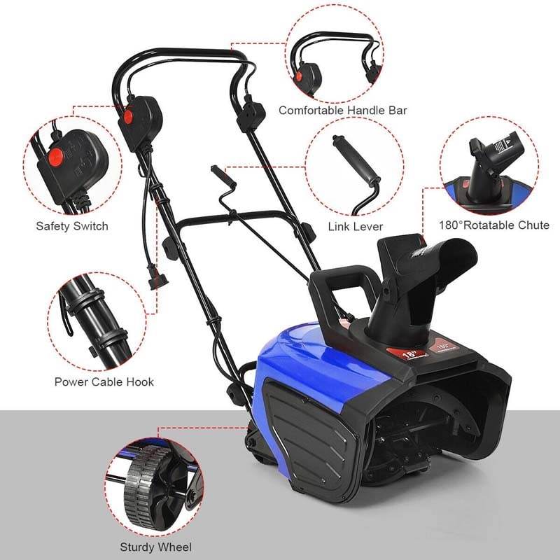 18 Inch Electric Snow Thrower 15 Amp Corded Snow Blower 720Lbs/Minute with 180° Chute Rotation & 2 Transport Wheels