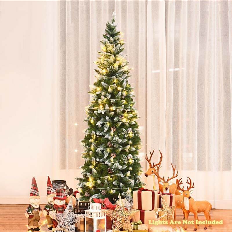 7.5FT Snow Flocked Pencil Christmas Tree with 39 Pine Cones, 720 PVC Branch Tips & Metal Stand, Unlit Hinged Xmas Tree for Indoor Holiday Decor
