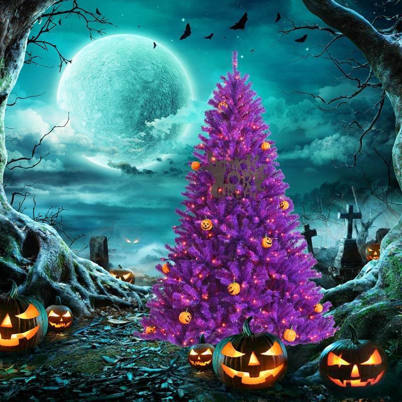 6FT Artificial Prelit Purple Halloween Tree with Orange Lights & Pumpkin Ornaments