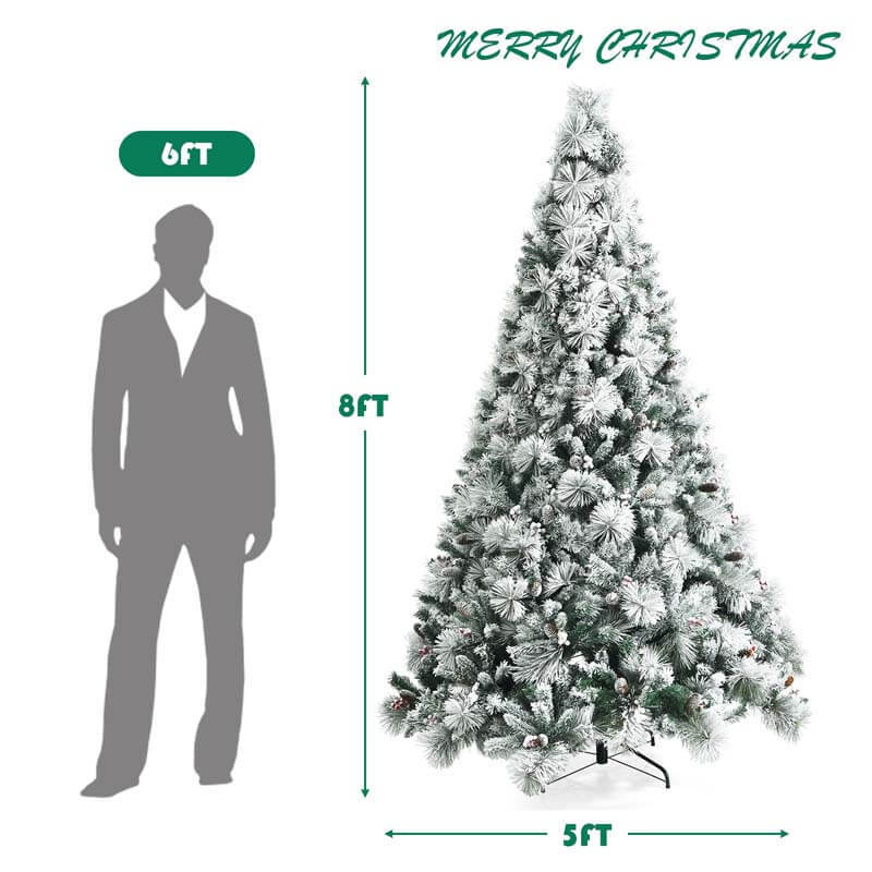 8FT Snow Flocked Christmas Tree Glitter Tips with Pine Cone and Red Berries