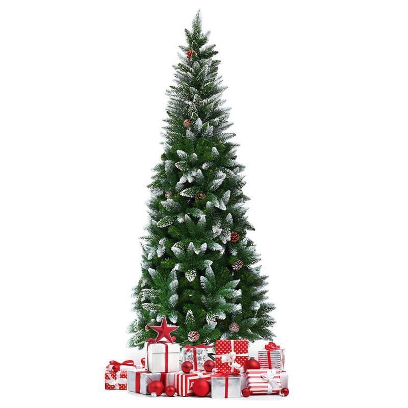 7.5FT Snow Flocked Pencil Christmas Tree with 39 Pine Cones, 720 PVC Branch Tips & Metal Stand, Unlit Hinged Xmas Tree for Indoor Holiday Decor