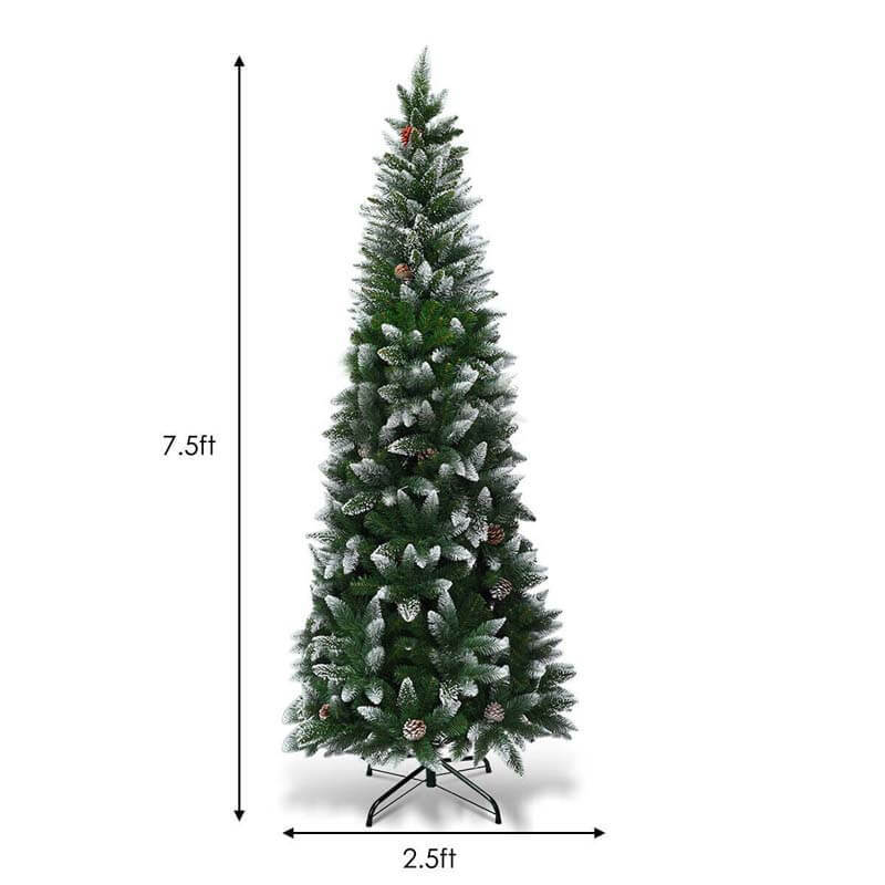 7.5FT Snow Flocked Pencil Christmas Tree with 39 Pine Cones, 720 PVC Branch Tips & Metal Stand, Unlit Hinged Xmas Tree for Indoor Holiday Decor