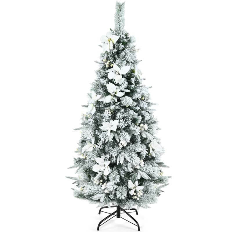 5FT Snow Flocked Pencil Christmas Tree with Berries and Poinsettia Flowers