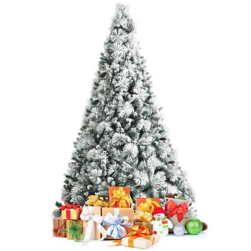 8FT Snow Flocked Christmas Tree Glitter Tips with Pine Cone and Red Berries