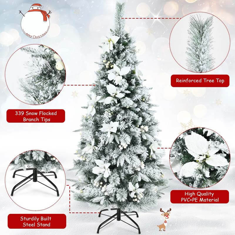 5FT Snow Flocked Pencil Christmas Tree with Berries and Poinsettia Flowers